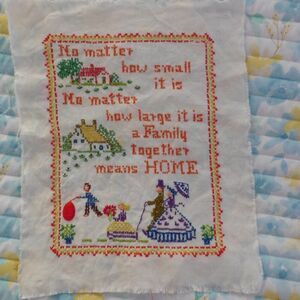 Vintage‎ Cross Stitch Sampler Colonial Cottagecore Family Home Quote  11" x 13"